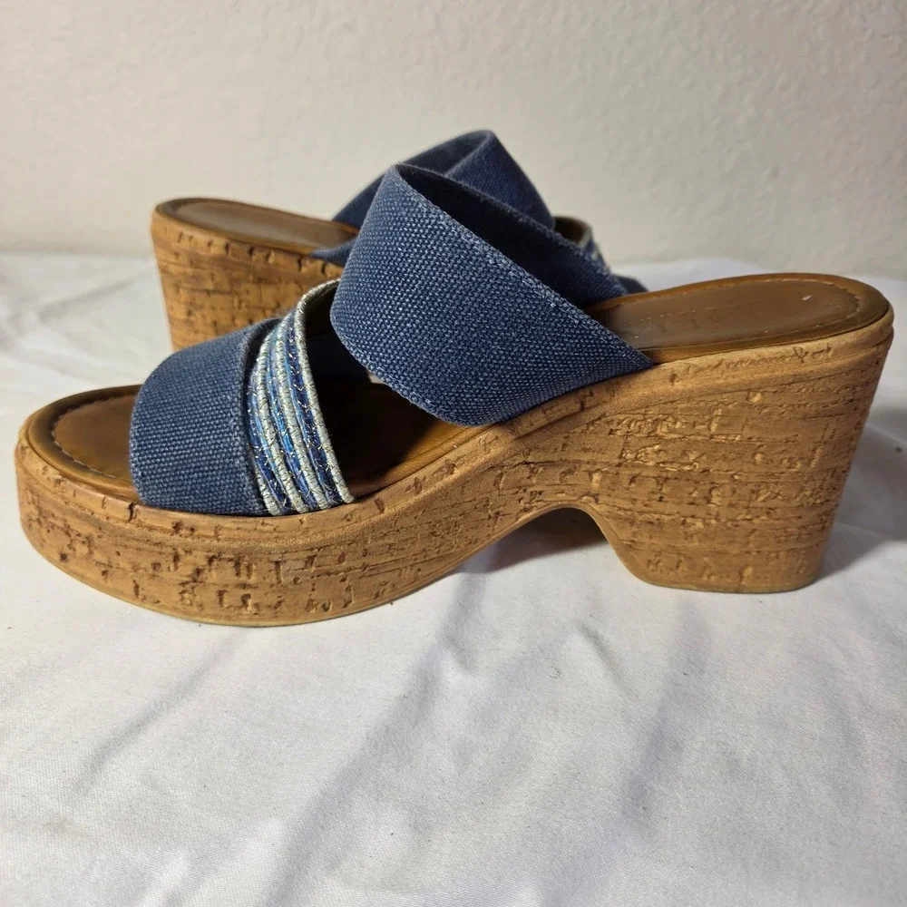 Italian Shoemakers Womens Blue Canvas Cork Platform Wedge Sandals Size 8 Italy